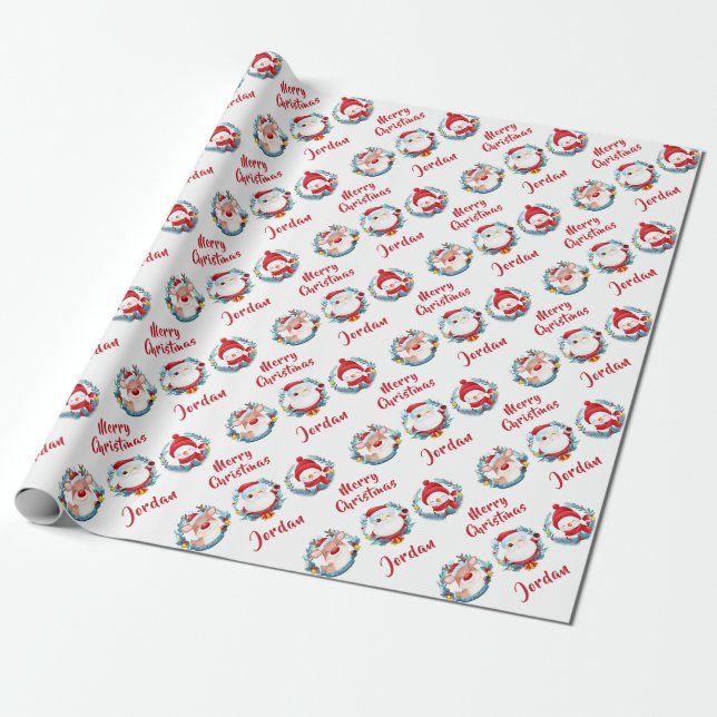 Personalized Merry Christmas Cute Santa Snowman Wrapping Paper (Unrolled)