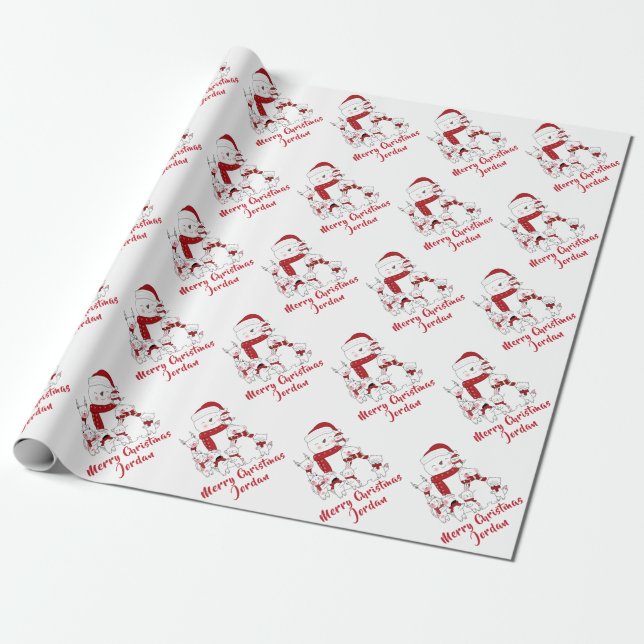 Personalized Merry Christmas Cute Snowman Holiday Wrapping Paper (Unrolled)