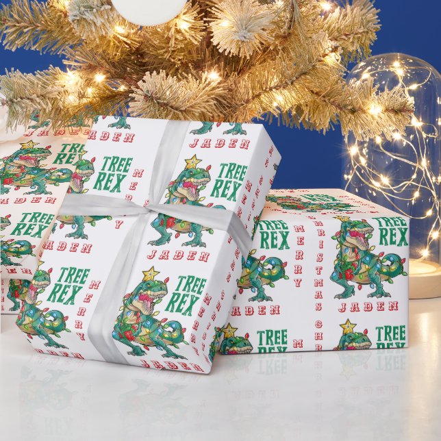Personalized Merry Christmas Dinosaur Santa Hat Wrapping Paper (Holidays)