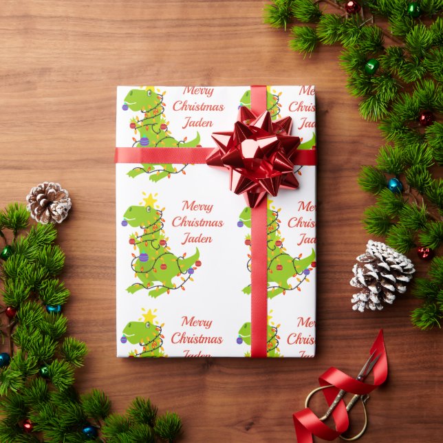 Personalized Merry Christmas Dinosaur Santa Hat Wrapping Paper (Holiday Gift)