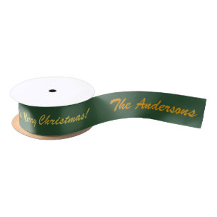 Personalized Merry Christmas & Family Name Green Satin Ribbon
