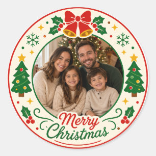 Personalized Merry Christmas Family Photo Circle Classic Round Sticker