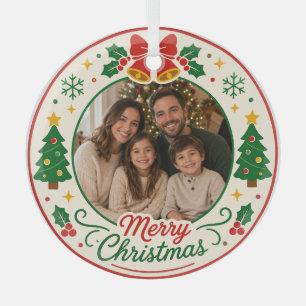 Personalized Merry Christmas Family Photo Circle Glass Ornament
