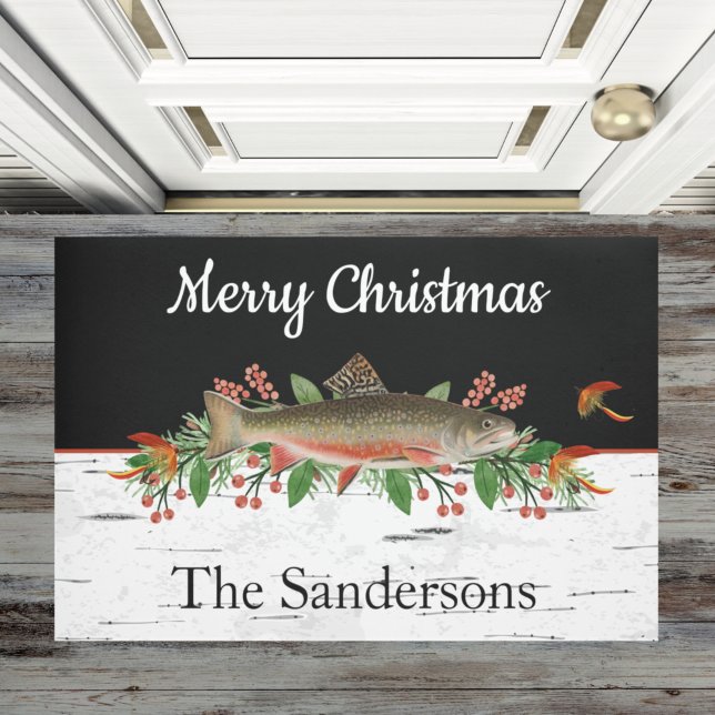 Personalized Merry Christmas Fly Fishing Trout   Doormat (Creator Uploaded)