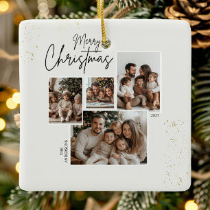 "Personalized Merry Christmas Four-Photo Collage Ceramic Ornament