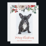 Personalized Merry Christmas French Bulldog Puppy Holiday Card<br><div class="desc">An adorable French bulldog puppy with Christmas ornaments at his feet, personalized holiday greeting card. Contemporary modern style greeting for the holidays, and dog lovers! Replace the photo with your dog's photo. Be sure to catch his or her personality! Save one as a greeting card memento to look back on...</div>