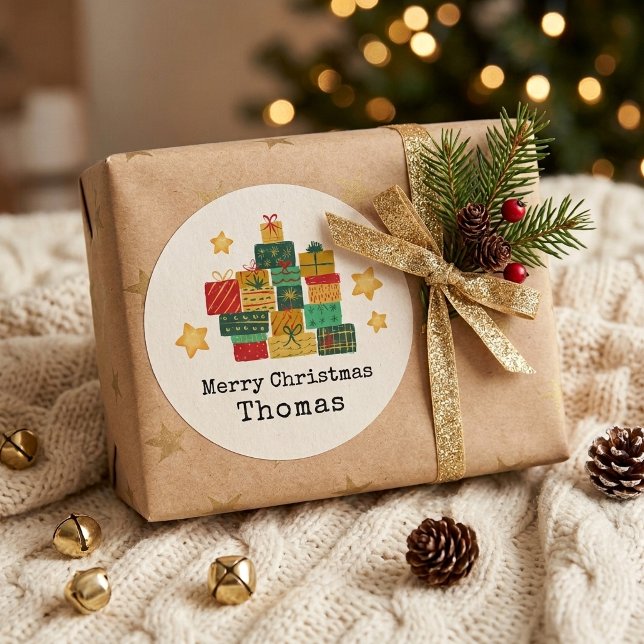 Personalized Merry Christmas Gift Stack Classic Round Sticker (Creator Uploaded)