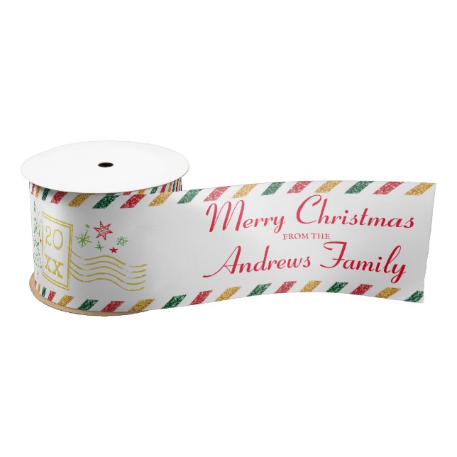Personalized  Merry Christmas Glitter Air Mail Satin Ribbon (Spool)