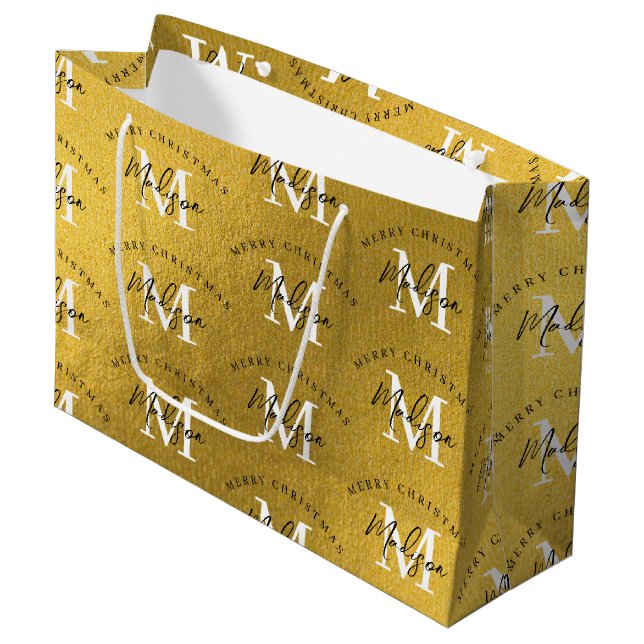 Personalized Merry Christmas Gold Foil Monogram  Large Gift Bag (Front Angled)
