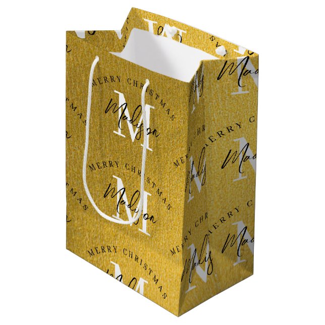 Personalized Merry Christmas Gold Foil Monogram Medium Gift Bag (Front Angled)