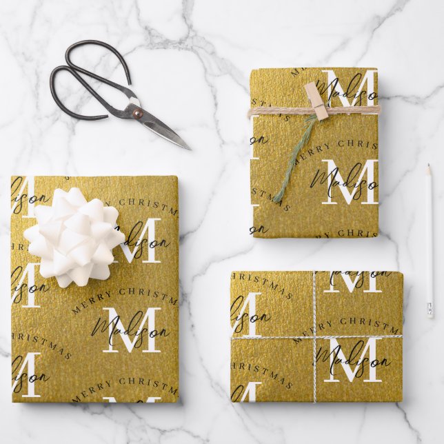 Personalized Merry Christmas Gold Foil Monogram  Wrapping Paper Sheet (Front)