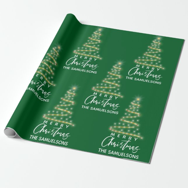 Personalized Merry Christmas Gold Tree Green Wrapping Paper (Unrolled)