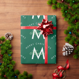 Personalized Merry Christmas Green Monogram Wrapping Paper