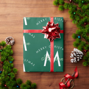 Personalized Merry Christmas Green Monogram Wrapping Paper