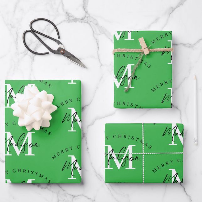 Personalized Merry Christmas Green Monogram Wrapping Paper Sheet (Front)