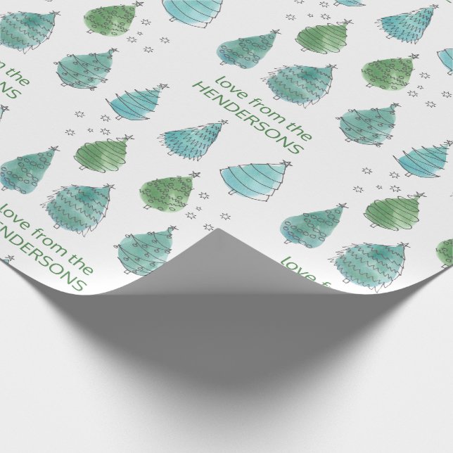 Personalized Merry Christmas Green Pine Trees  Wrapping Paper (Corner)