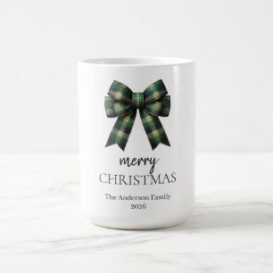 Personalized Merry Christmas   Green Plaid Bow Coffee Mug