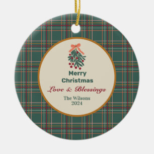 Personalized Merry Christmas - green plaid Ceramic Ornament