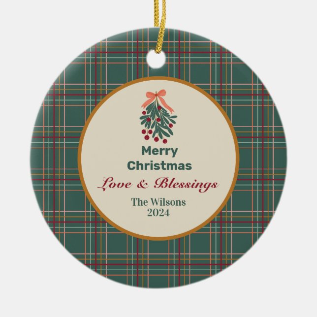 Personalized Merry Christmas - green plaid Ceramic Ornament (Front)