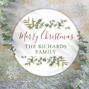 Personalized Merry Christmas Greenery Family Classic Round Sticker