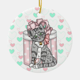 Personalized Merry Christmas Grey Kitten Pink Bow Ceramic Ornament