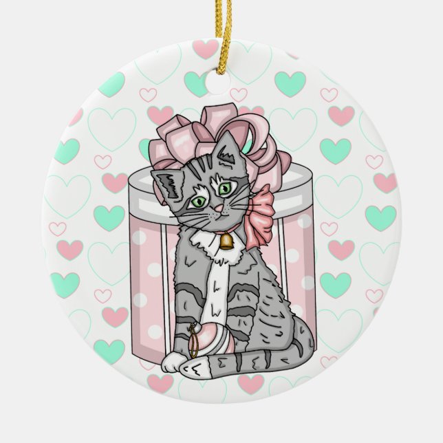 Personalized Merry Christmas Grey Kitten Pink Bow  Ceramic Ornament (Front)
