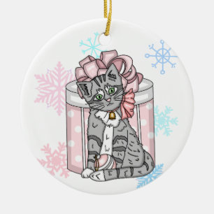 Personalized Merry Christmas Grey Kitten Pink Bow Ceramic Ornament