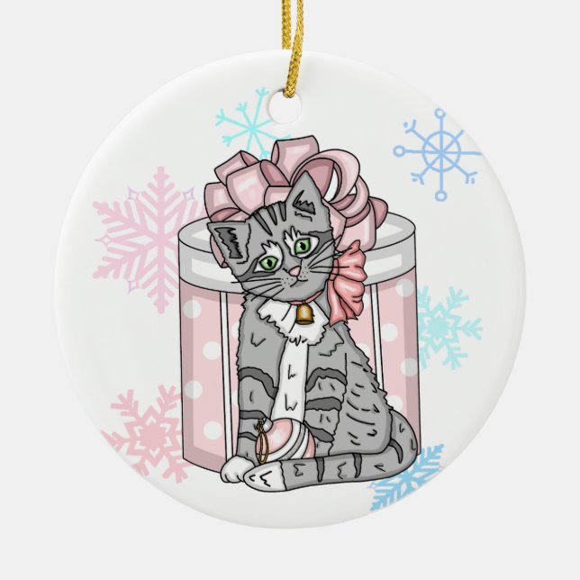 Personalized Merry Christmas Grey Kitten Pink Bow  Ceramic Ornament (Front)