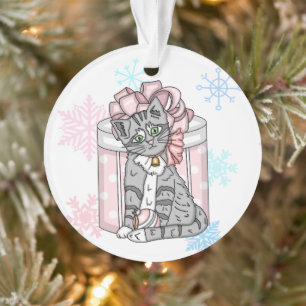 Personalized Merry Christmas Grey Kitten Pink Bow Ornament