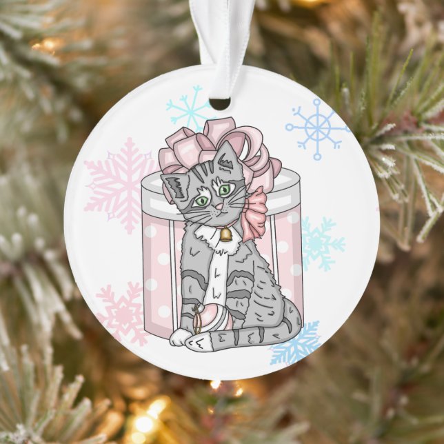 Personalized Merry Christmas Grey Kitten Pink Bow  Ornament (Tree)
