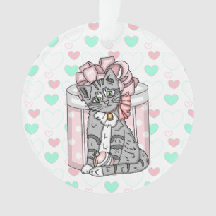 Personalized Merry Christmas Grey Kitten Pink Bow Ornament
