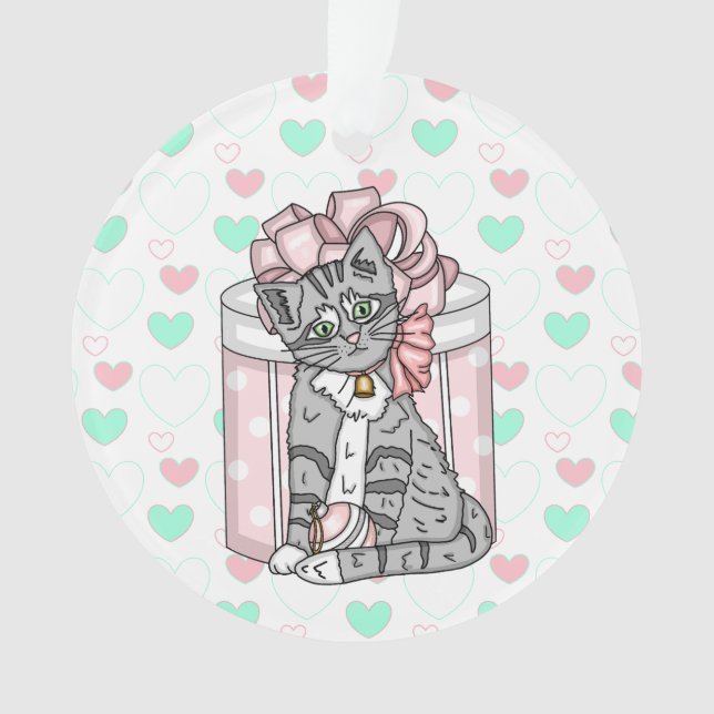 Personalized Merry Christmas Grey Kitten Pink Bow  Ornament (Front)