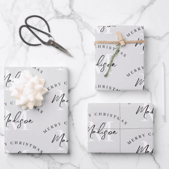 Personalized Merry Christmas Grey Monogram Wrapping Paper Sheet (Front)