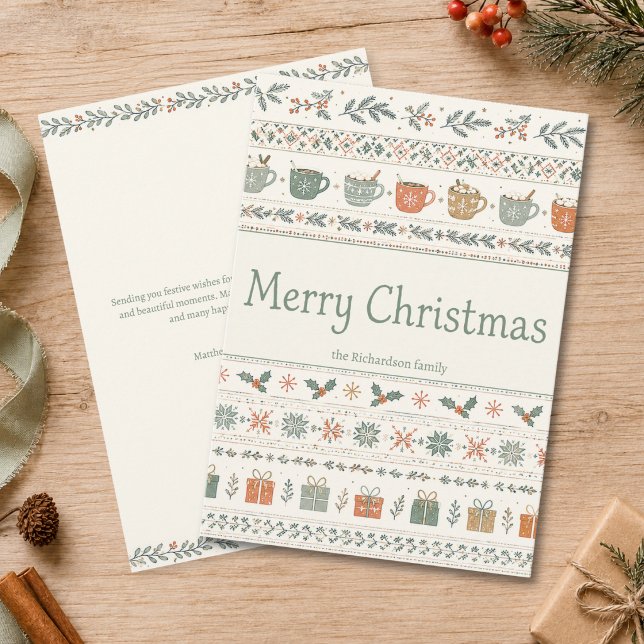Personalized Merry Christmas Holiday Pattern Card (cozy cute hygge holly mistletoe merry christmas holiday card with custom family name and message)
