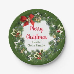 Personalized Merry Christmas Holiday Wreath Party Paper Plate