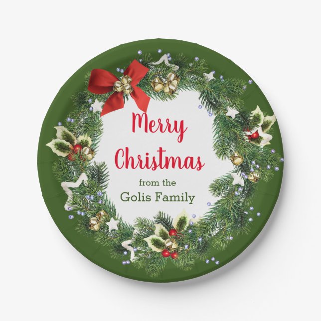 Personalized Merry Christmas Holiday Wreath Party Paper Plate (Front)