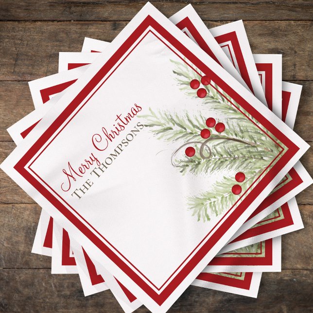 Personalized Merry Christmas Holly Berry Decor Napkin (Personalized Merry Christmas design with watercolor holly berries.)