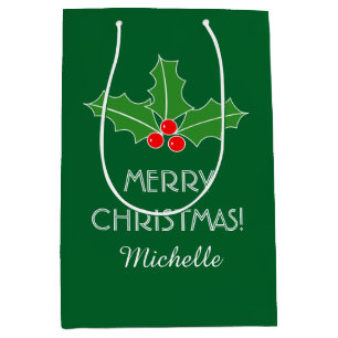 Personalized Merry Christmas holly leaves gift bag