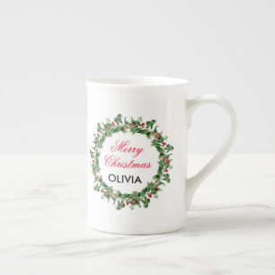Personalized Merry Christmas Holly Wreath Bone China Mug