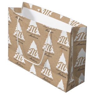 Personalized Merry Christmas Kraft Monogram Tree Large Gift Bag