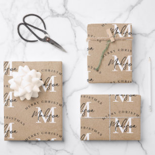 Personalized Merry Christmas Kraft Monogram   Wrapping Paper Sheet