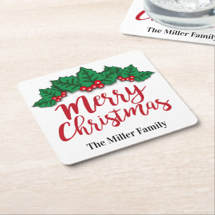 Personalized Merry Christmas Leaves And Berries Square Paper Coaster