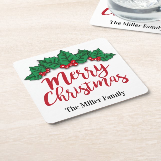 Personalized Merry Christmas Leaves And Berries  Square Paper Coaster (Angled)