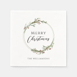 Personalized Merry Christmas Minimalist Wreath Napkin
