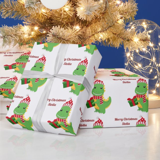 Personalized Merry Christmas Name Dinosaur Wrapping Paper (Holidays)
