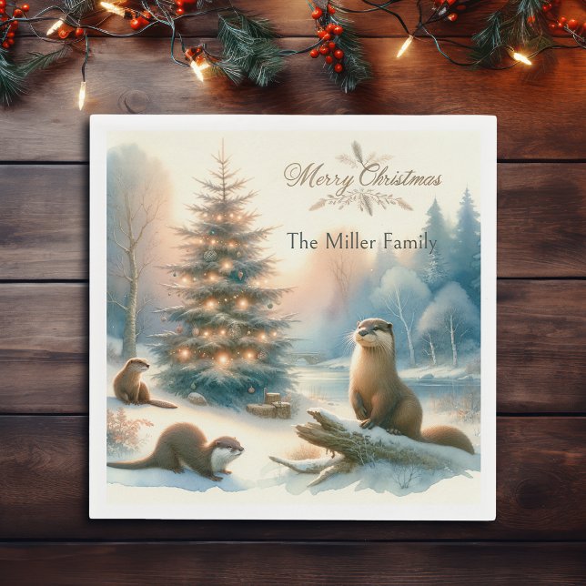 Personalized Merry Christmas Otter Family Winter  Napkin (Creator Uploaded)