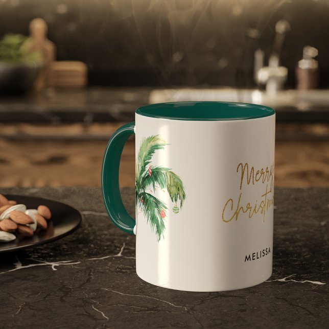 Personalized Merry Christmas Palm Tree Holidays Mug (Christmas Holidays Coastal Celebration Palm Tree Personalized Green Two Tone Coffee Mug)