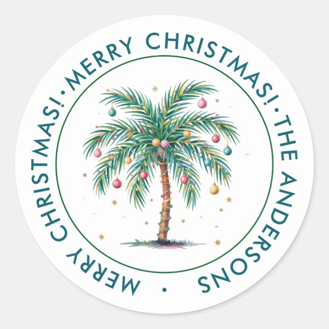 Personalized Merry Christmas Palm Tree Light Classic Round Sticker (Front)