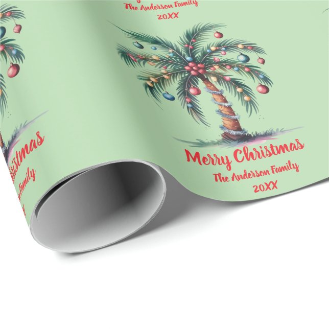 Personalized Merry Christmas Palm Tree Light       Wrapping Paper (Roll Corner)