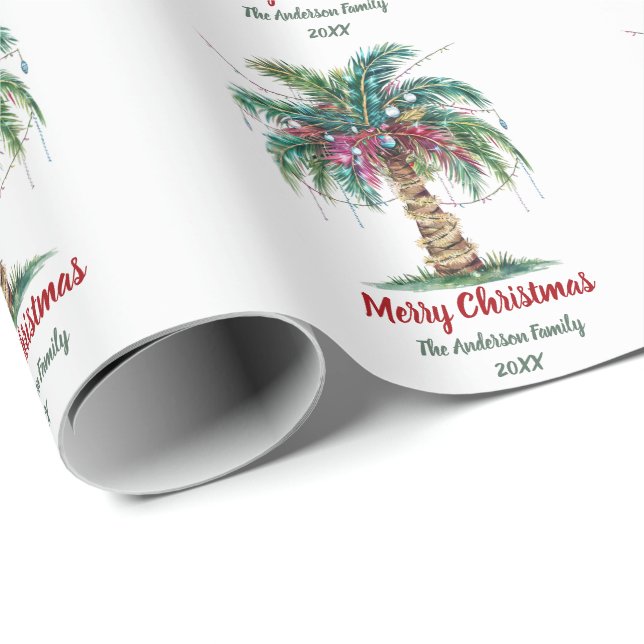 Personalized Merry Christmas Palm Tree Light       Wrapping Paper (Roll Corner)